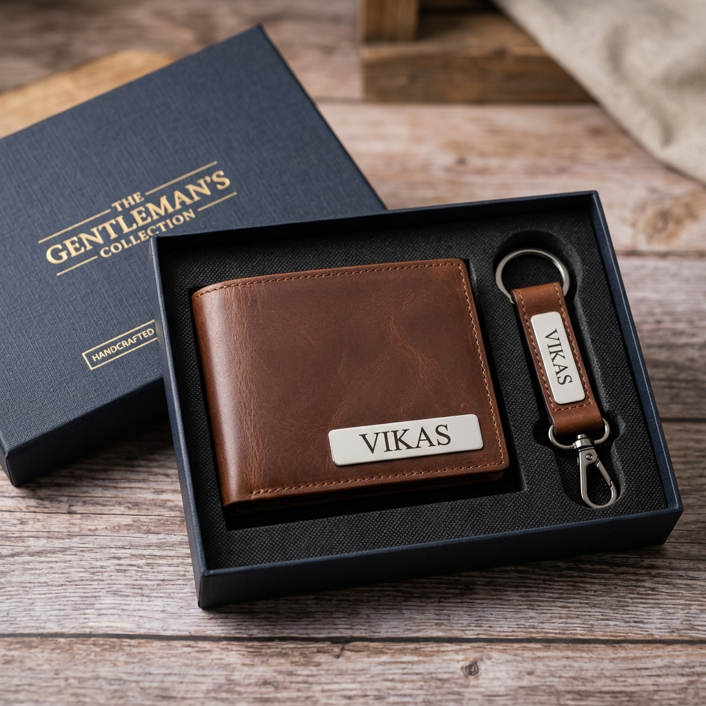 Brown Premium Leather Wallet & Metal Nameplate Keychain Combo