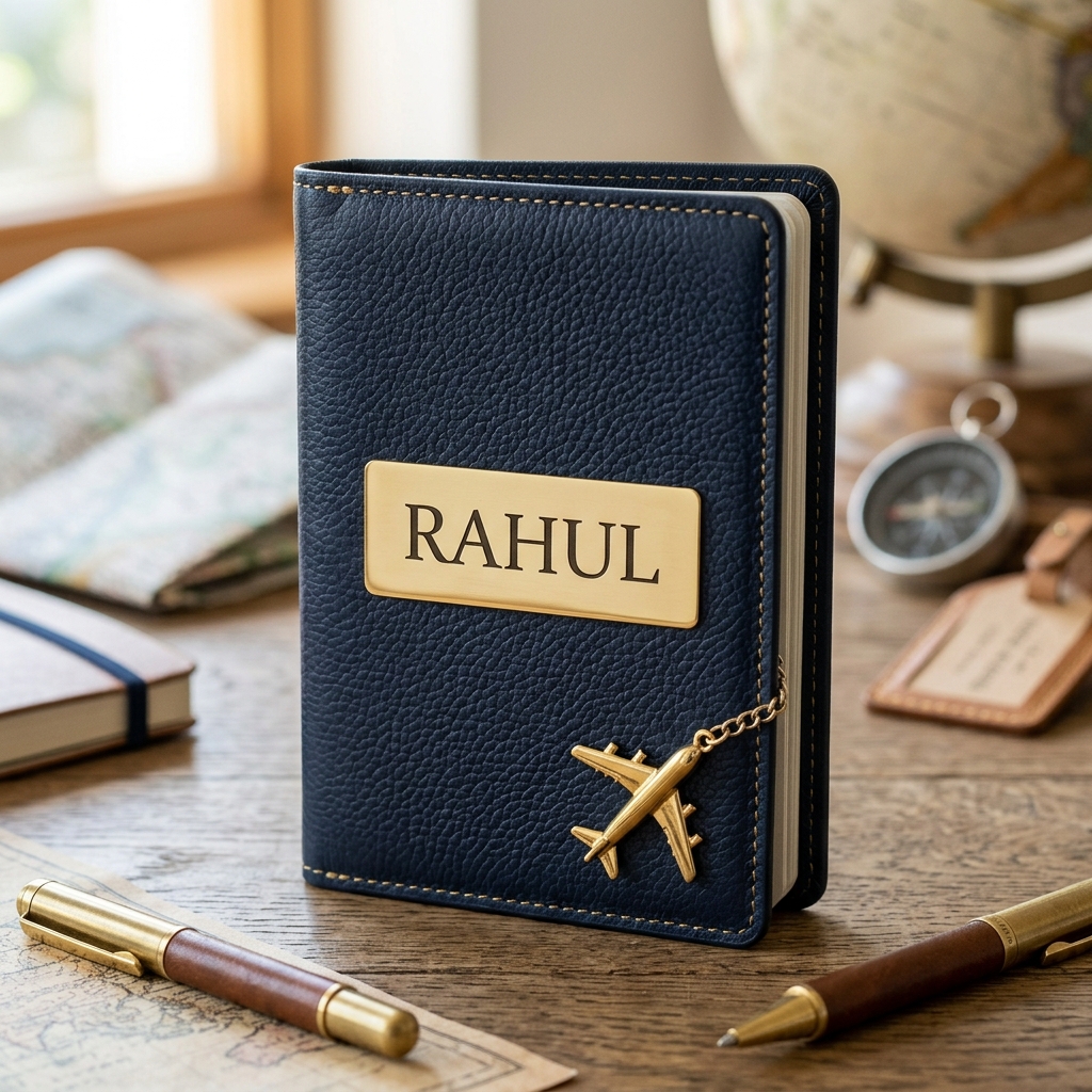 Royal Navy Blue Travel Passport Cover with Name & Airplane Charm